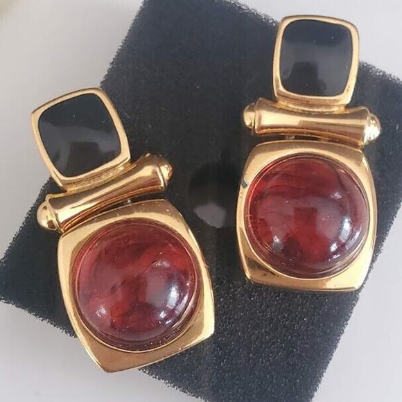 Joan Rivers Gold Tone Celloid & Enamel Hinged Dangle Pierced Earrings Signed VTG - Picture 2 of 6